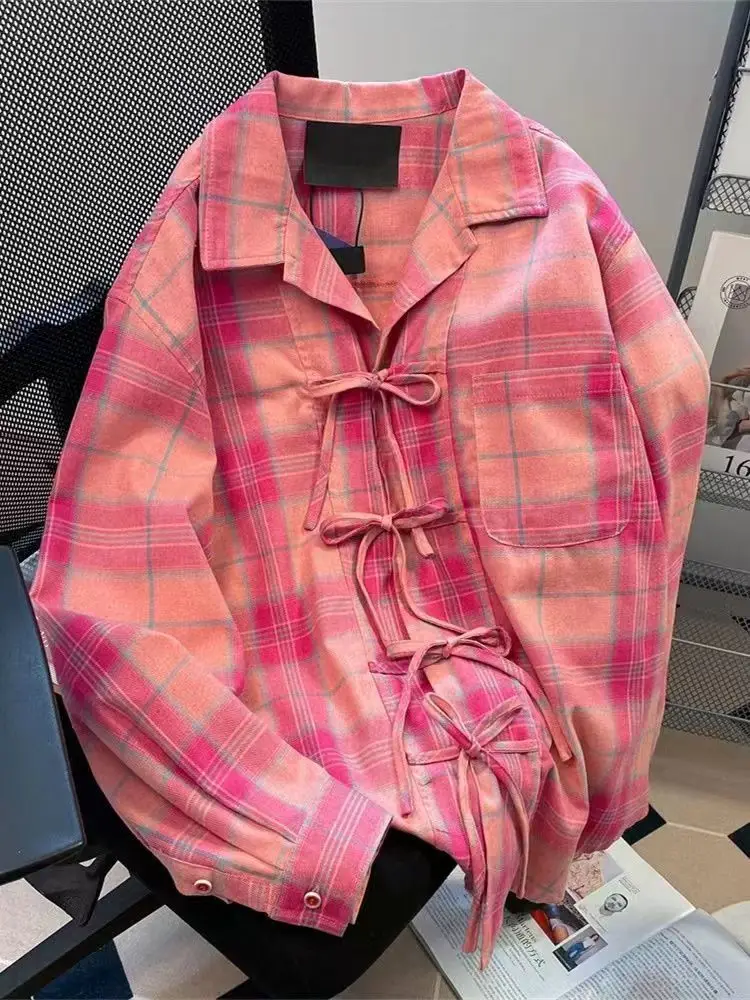 Y2K Winter Clothing - Y2k Camicia scozzese rosa vintage americana